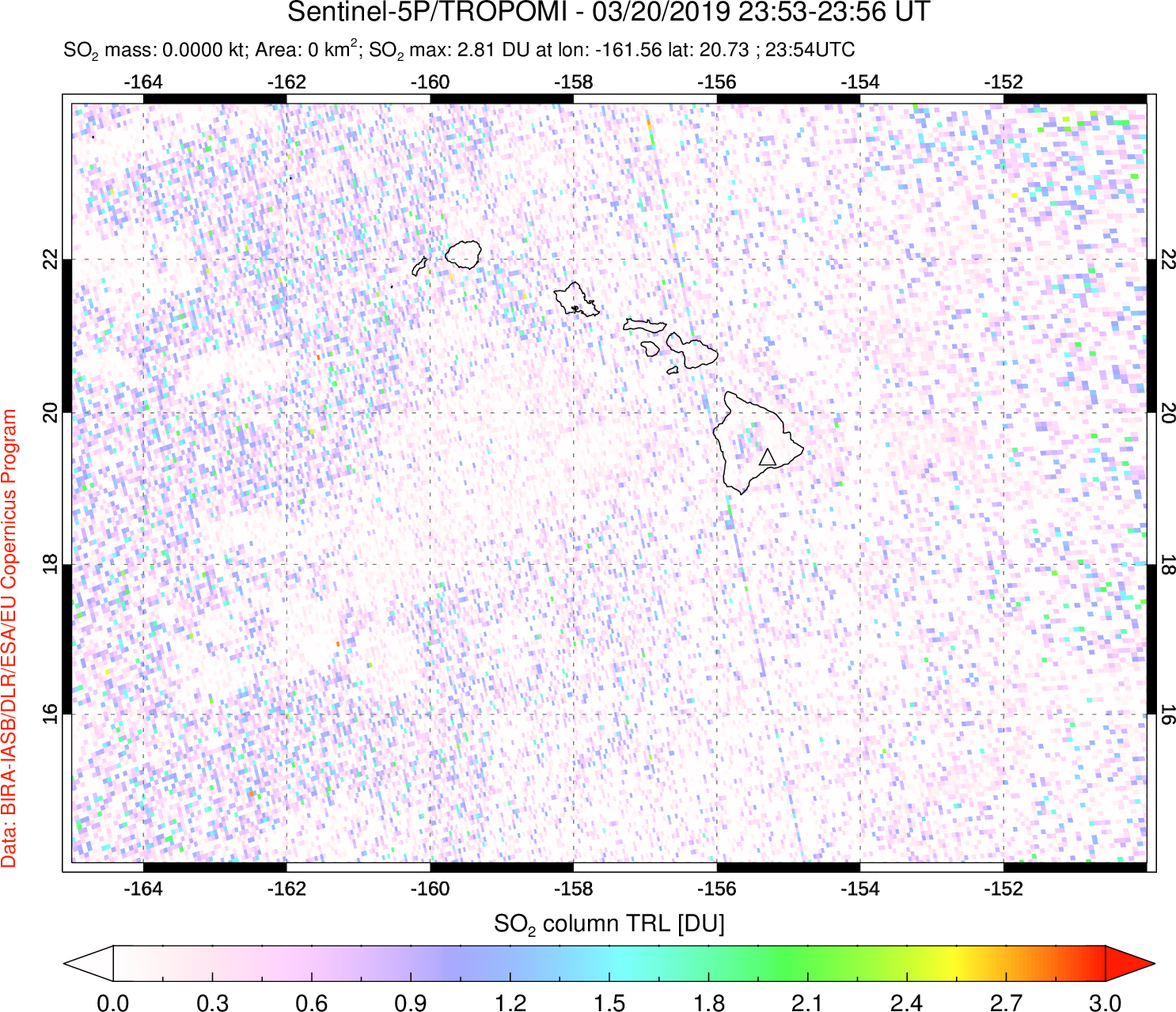 A sulfur dioxide image over Hawaii, USA on Mar 20, 2019.