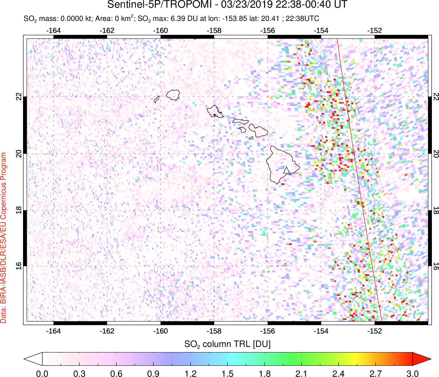 A sulfur dioxide image over Hawaii, USA on Mar 23, 2019.
