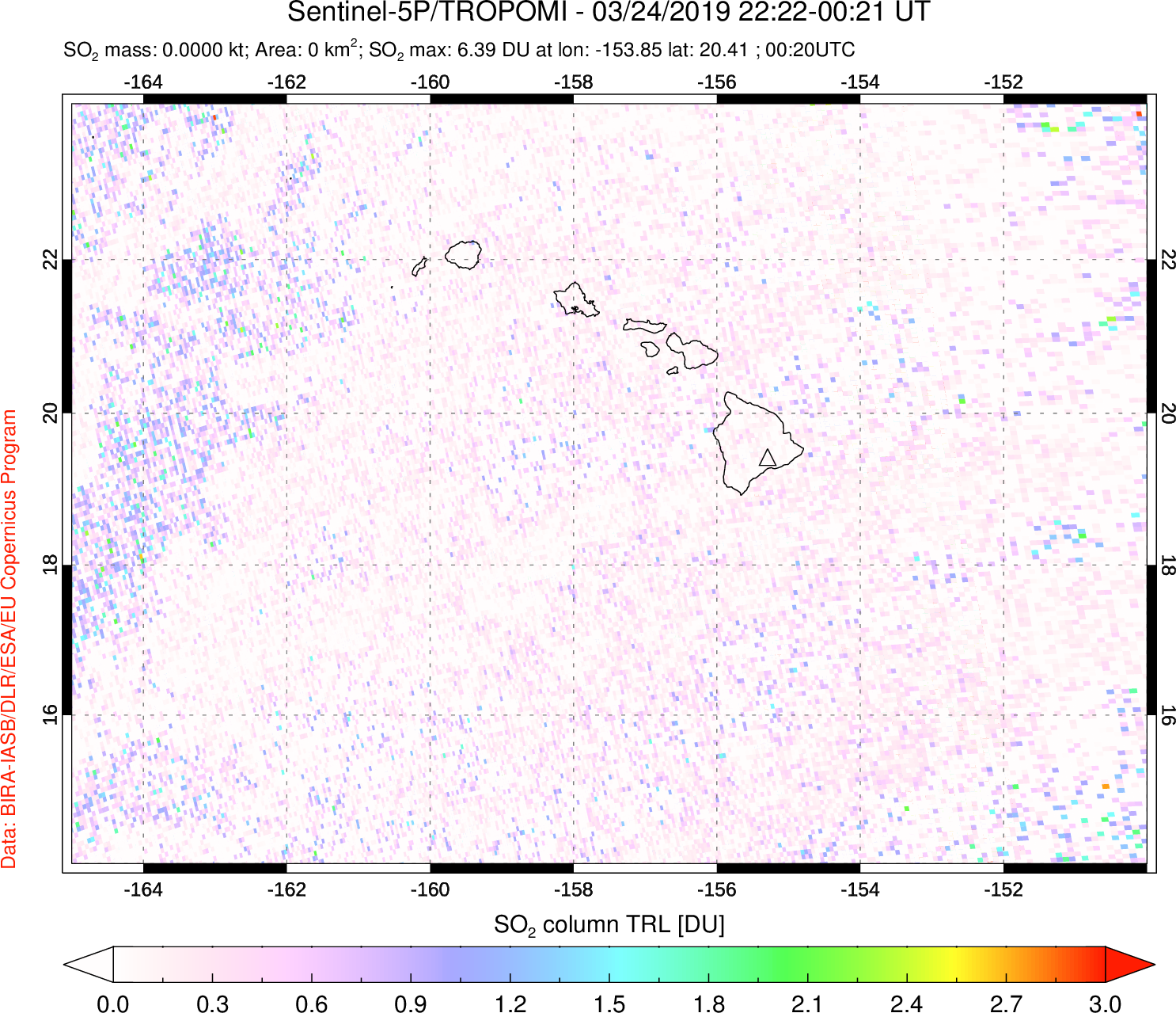 A sulfur dioxide image over Hawaii, USA on Mar 24, 2019.