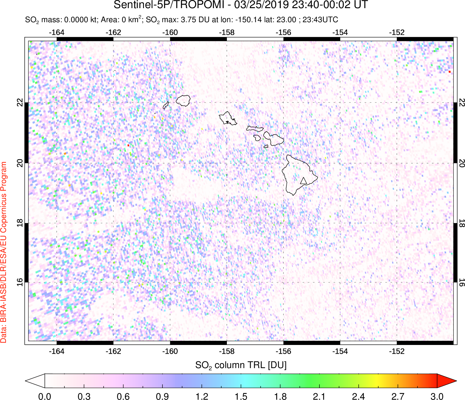 A sulfur dioxide image over Hawaii, USA on Mar 25, 2019.