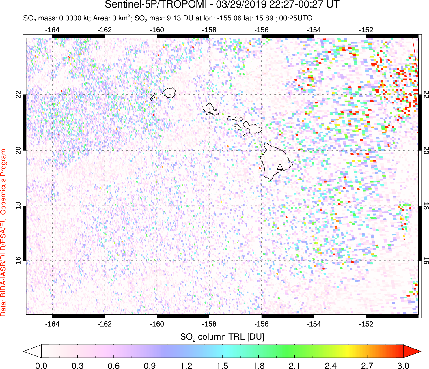 A sulfur dioxide image over Hawaii, USA on Mar 29, 2019.