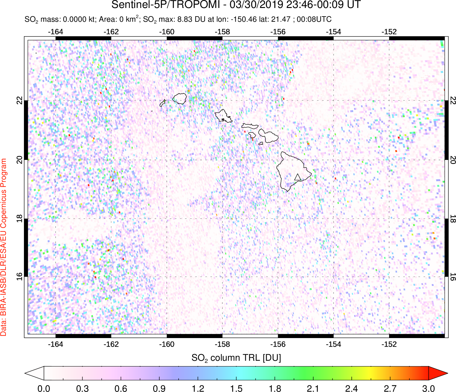 A sulfur dioxide image over Hawaii, USA on Mar 30, 2019.