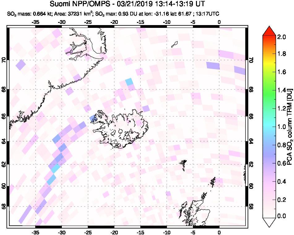 A sulfur dioxide image over Iceland on Mar 21, 2019.