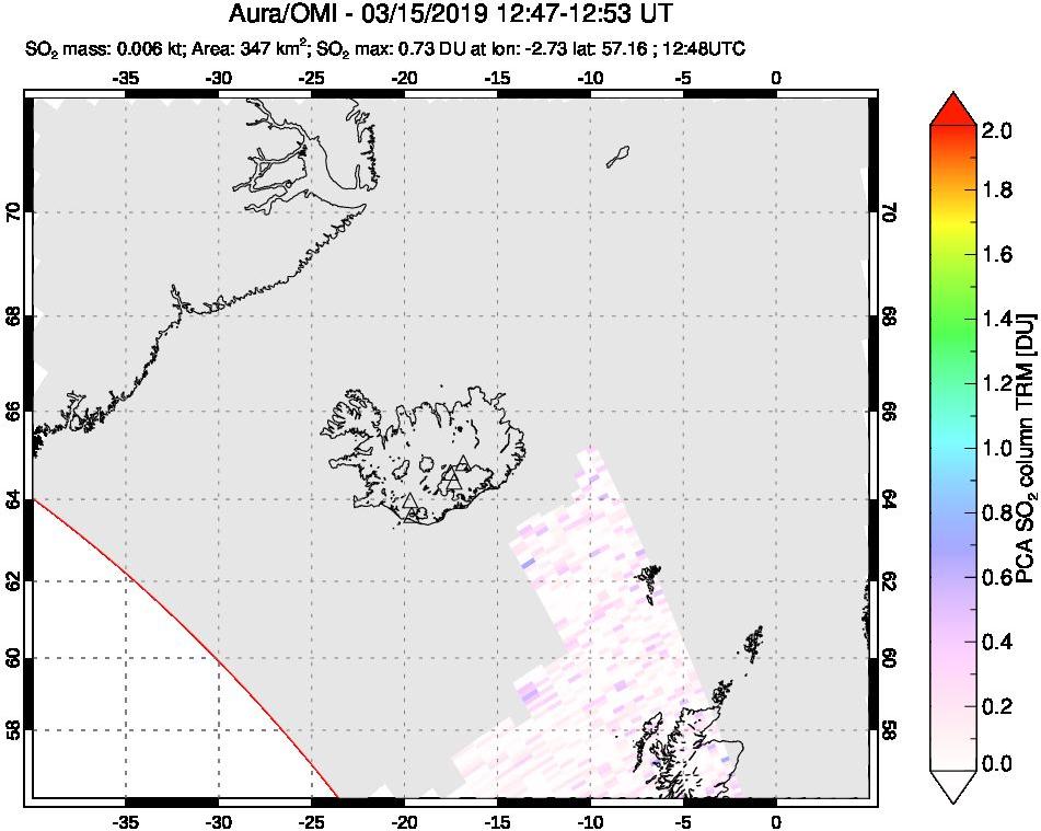 A sulfur dioxide image over Iceland on Mar 15, 2019.