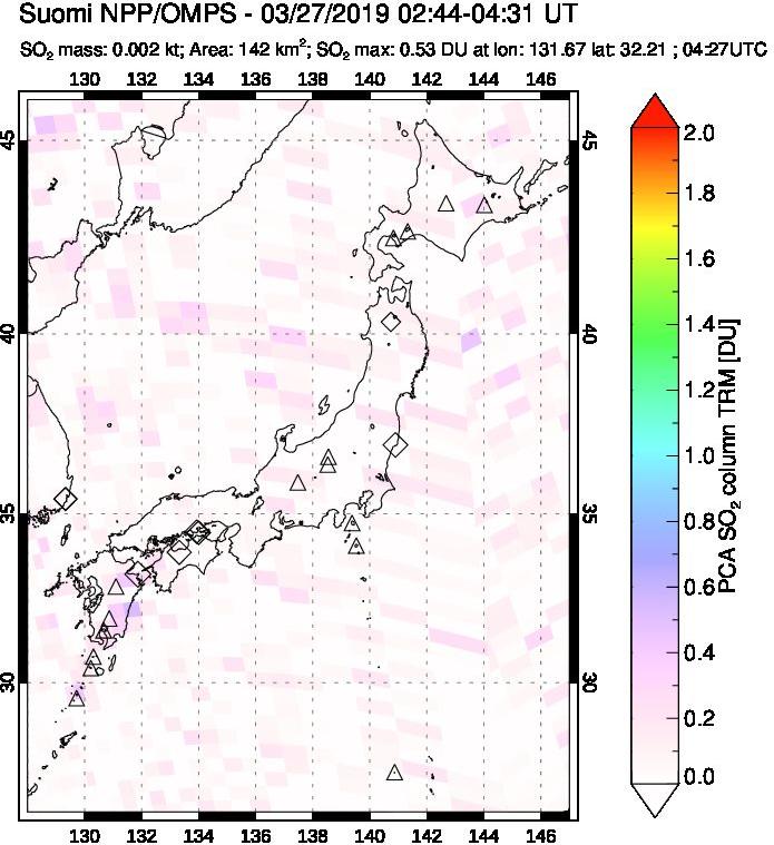 A sulfur dioxide image over Japan on Mar 27, 2019.