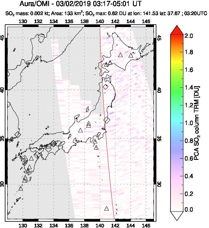 A sulfur dioxide image over Japan on Mar 02, 2019.
