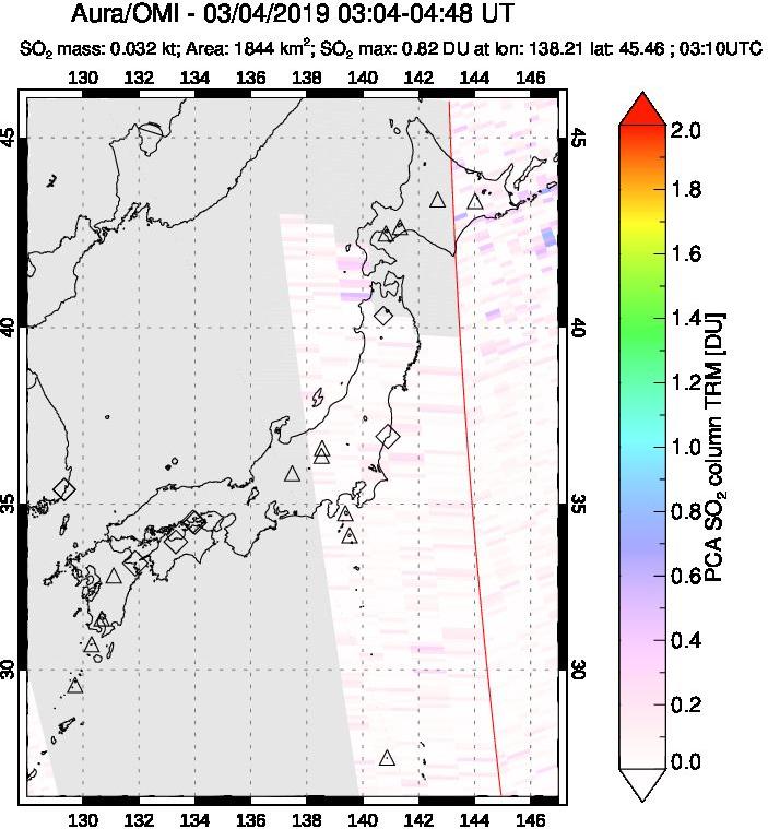 A sulfur dioxide image over Japan on Mar 04, 2019.