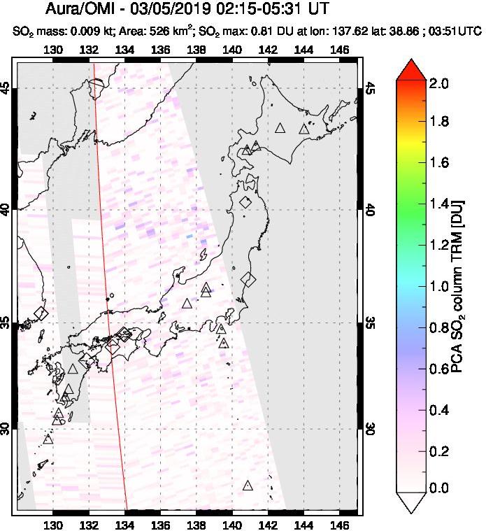 A sulfur dioxide image over Japan on Mar 05, 2019.