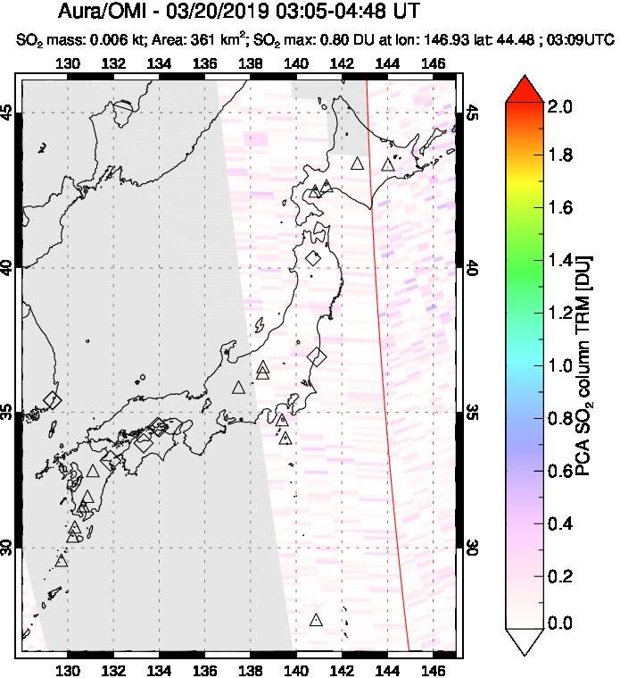 A sulfur dioxide image over Japan on Mar 20, 2019.