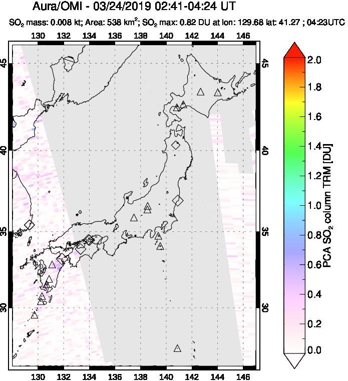 A sulfur dioxide image over Japan on Mar 24, 2019.