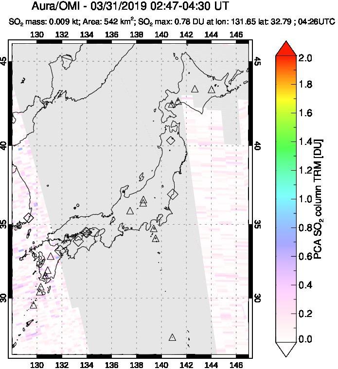 A sulfur dioxide image over Japan on Mar 31, 2019.