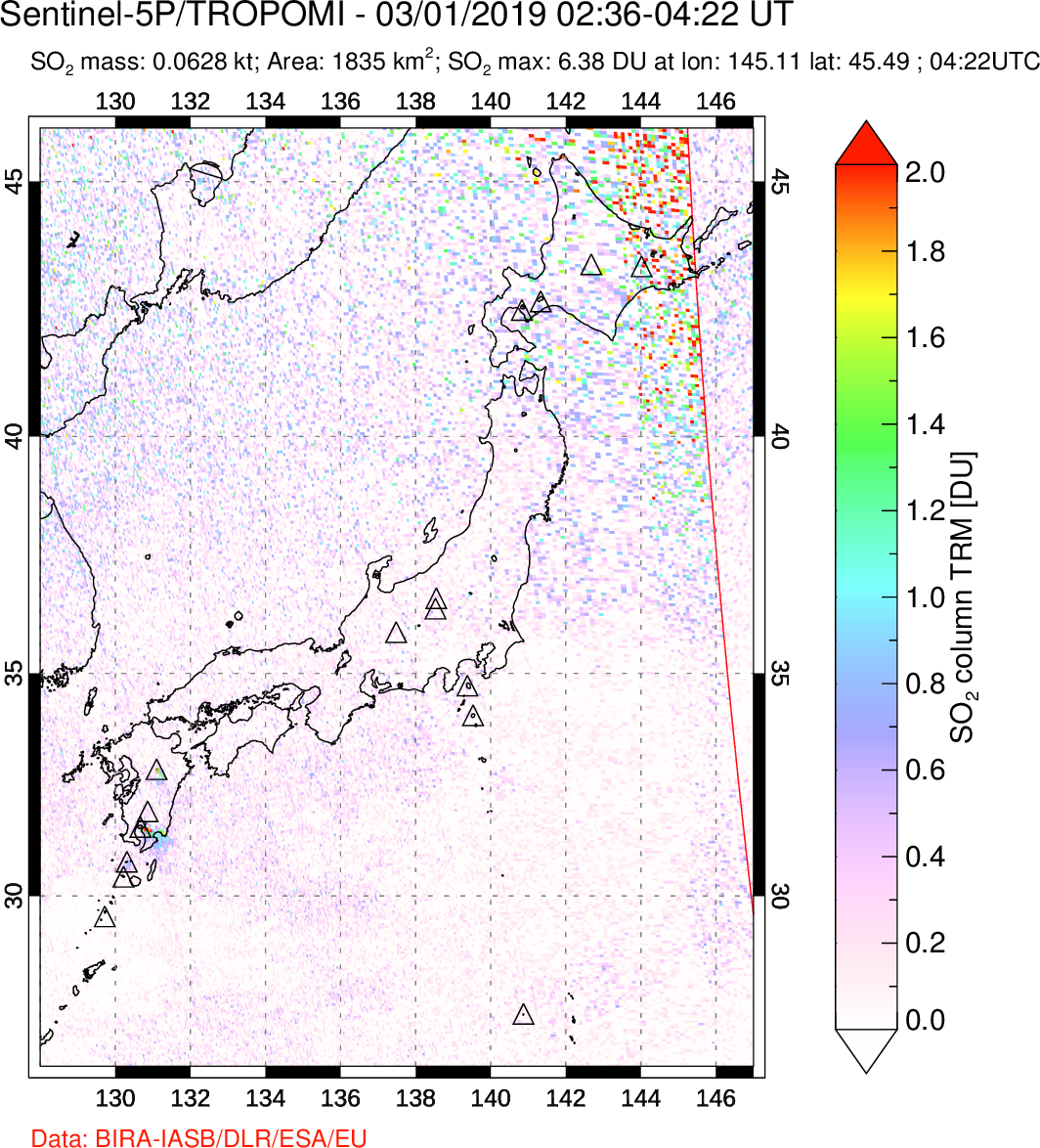 A sulfur dioxide image over Japan on Mar 01, 2019.