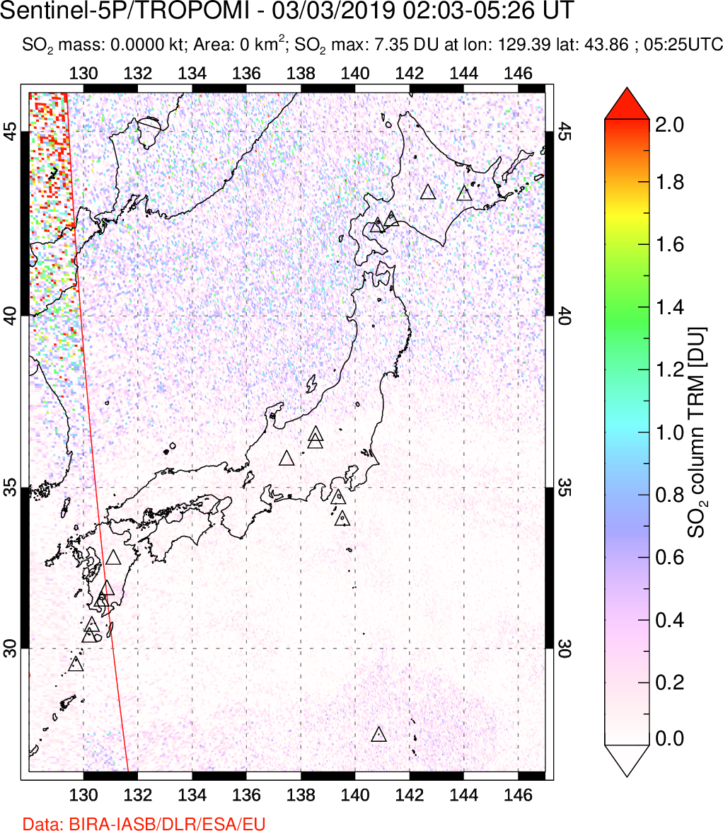 A sulfur dioxide image over Japan on Mar 03, 2019.