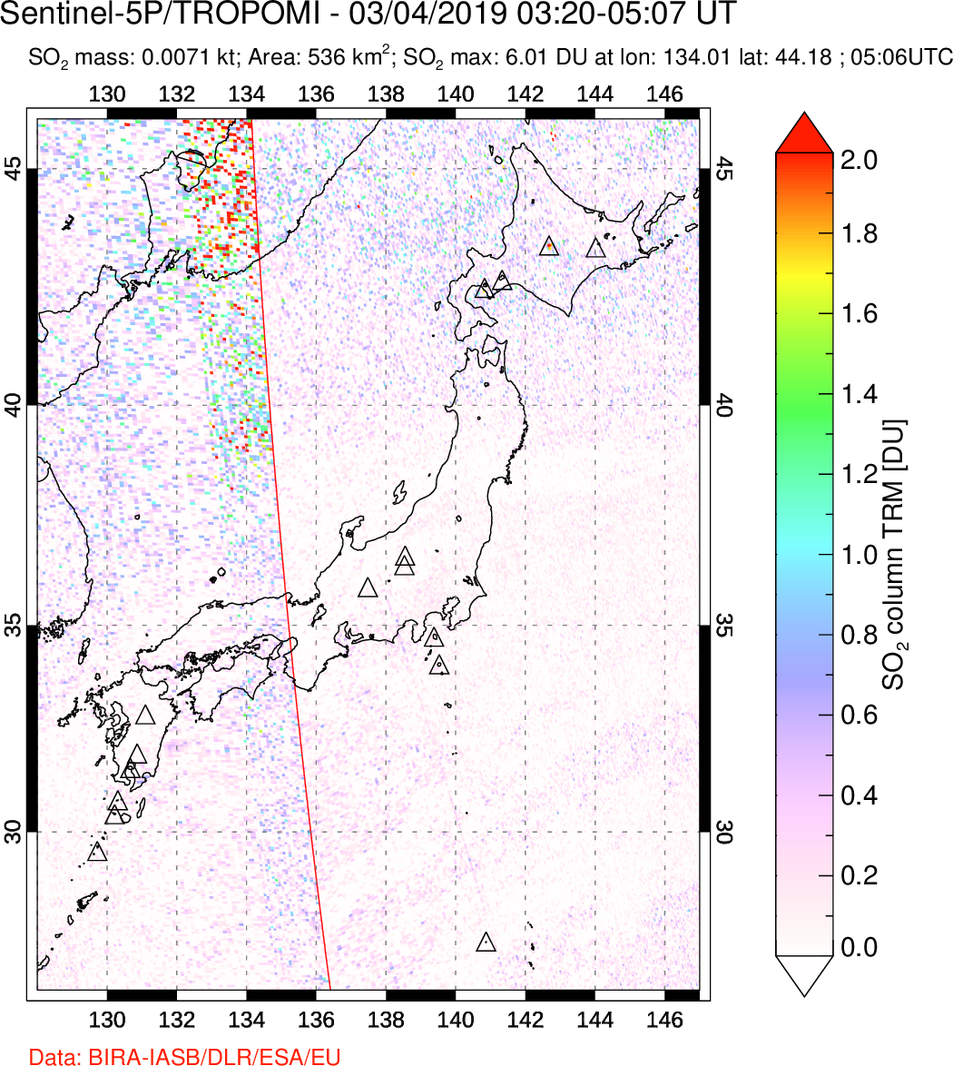A sulfur dioxide image over Japan on Mar 04, 2019.