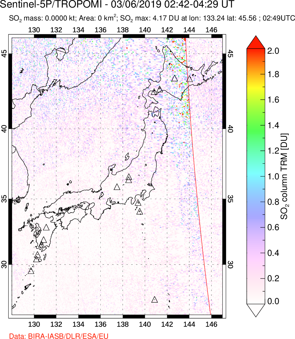 A sulfur dioxide image over Japan on Mar 06, 2019.