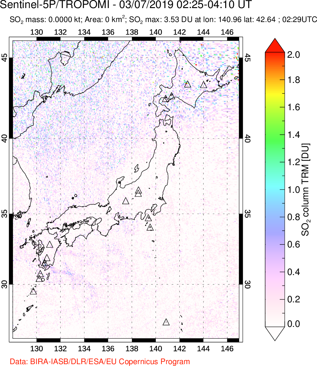 A sulfur dioxide image over Japan on Mar 07, 2019.