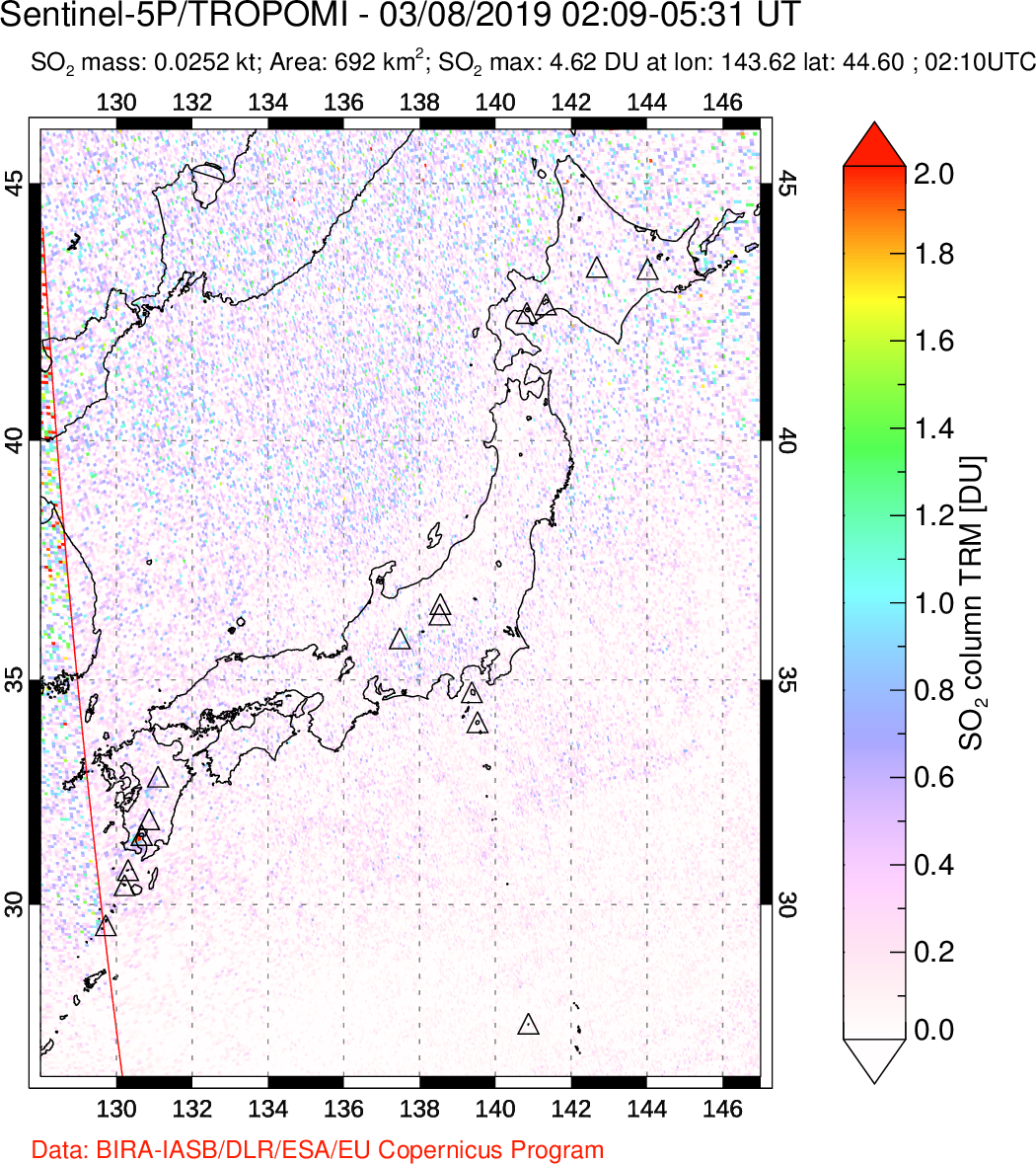 A sulfur dioxide image over Japan on Mar 08, 2019.