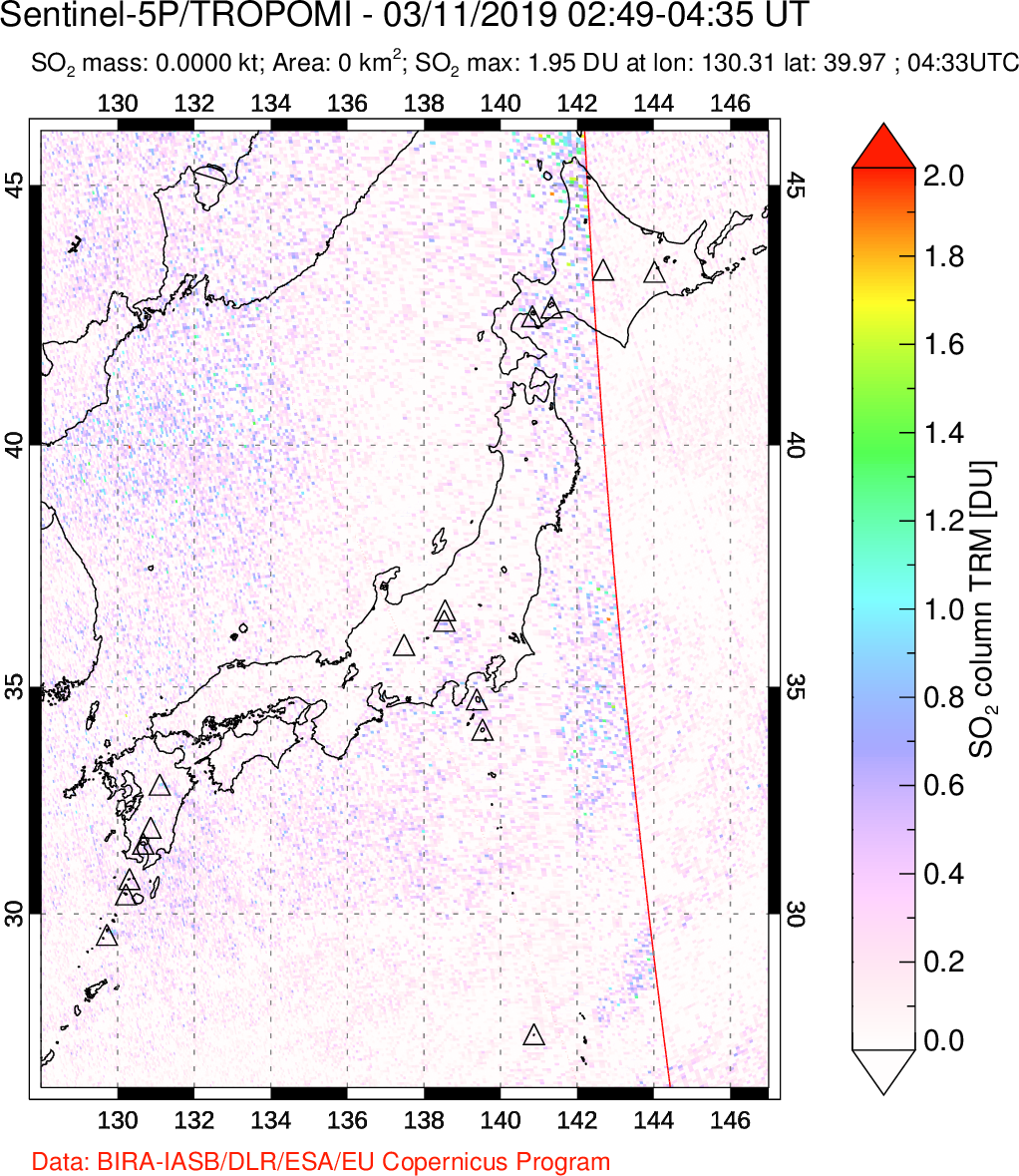 A sulfur dioxide image over Japan on Mar 11, 2019.