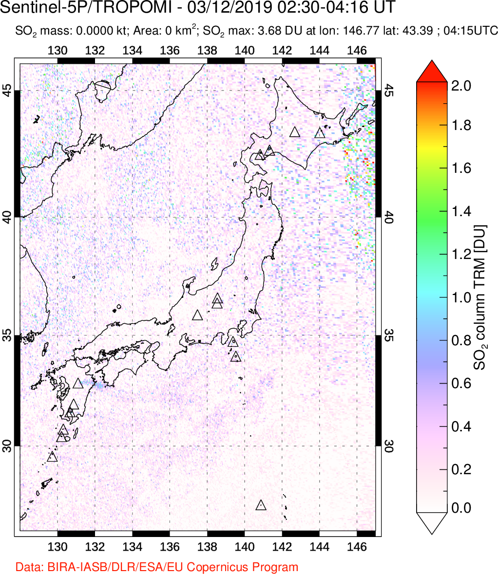 A sulfur dioxide image over Japan on Mar 12, 2019.
