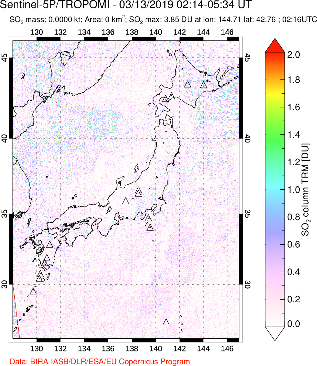A sulfur dioxide image over Japan on Mar 13, 2019.
