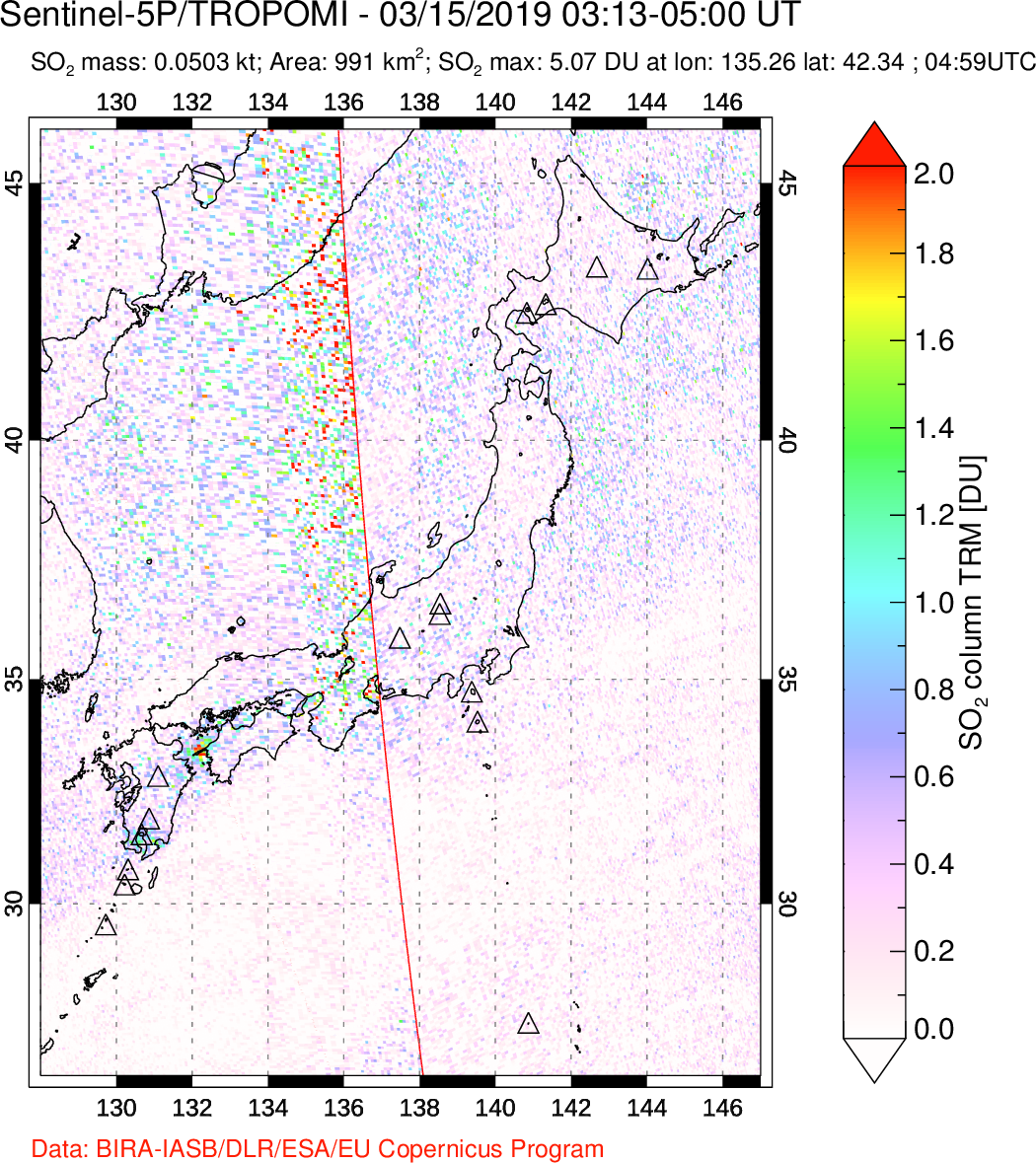 A sulfur dioxide image over Japan on Mar 15, 2019.