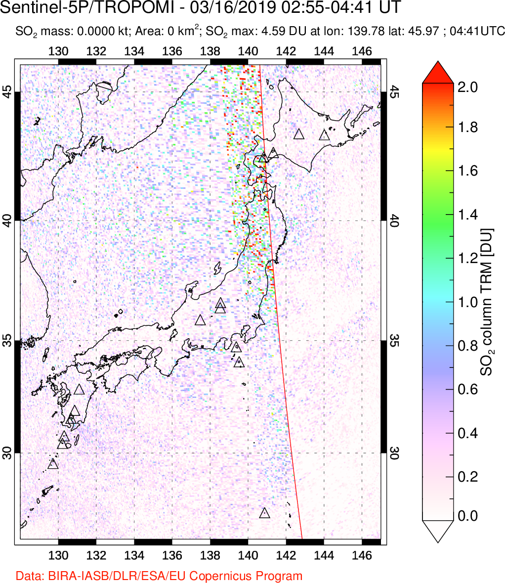 A sulfur dioxide image over Japan on Mar 16, 2019.