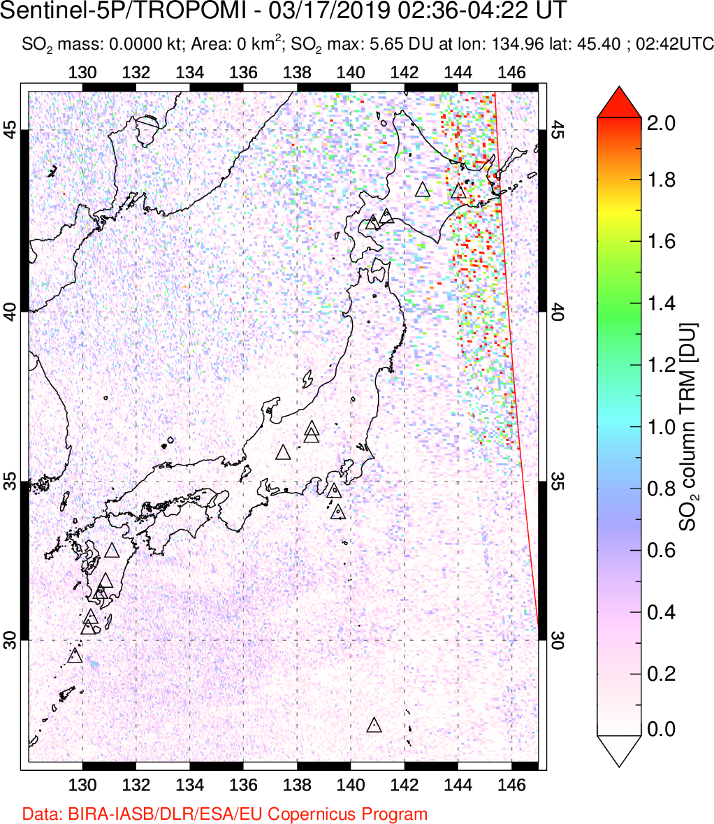 A sulfur dioxide image over Japan on Mar 17, 2019.