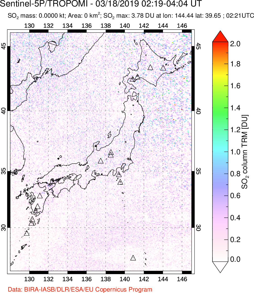 A sulfur dioxide image over Japan on Mar 18, 2019.