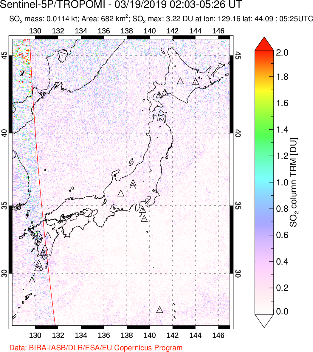 A sulfur dioxide image over Japan on Mar 19, 2019.