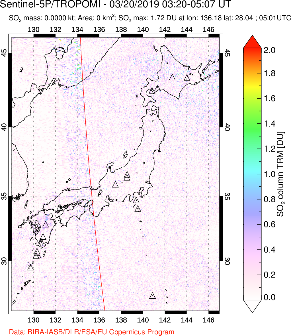 A sulfur dioxide image over Japan on Mar 20, 2019.