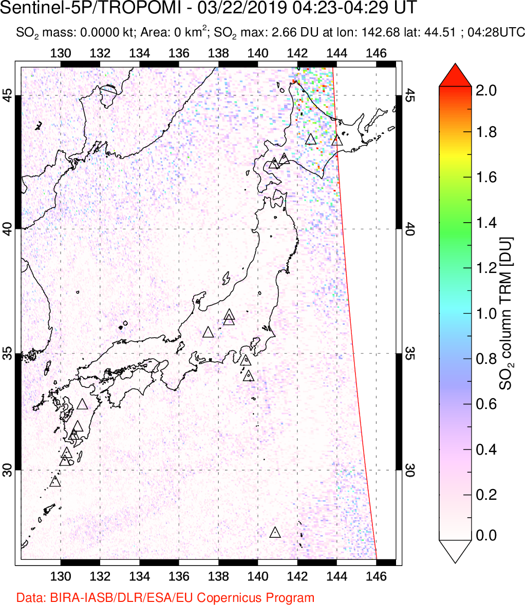A sulfur dioxide image over Japan on Mar 22, 2019.