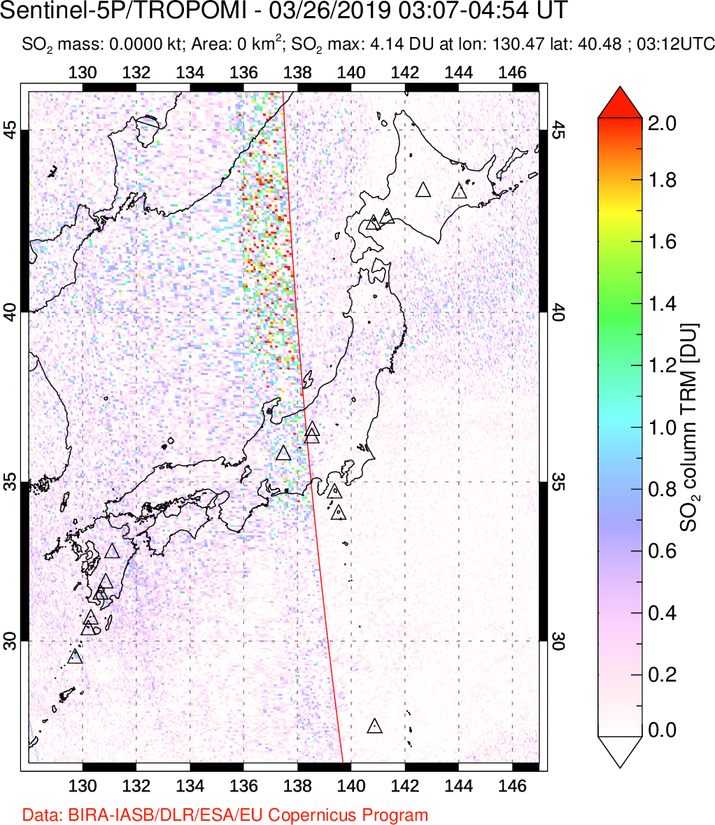A sulfur dioxide image over Japan on Mar 26, 2019.