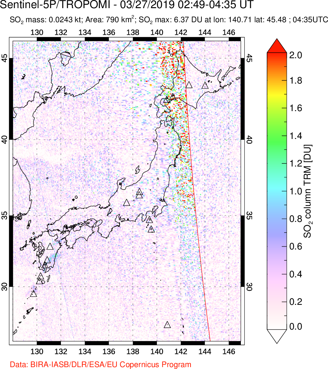 A sulfur dioxide image over Japan on Mar 27, 2019.