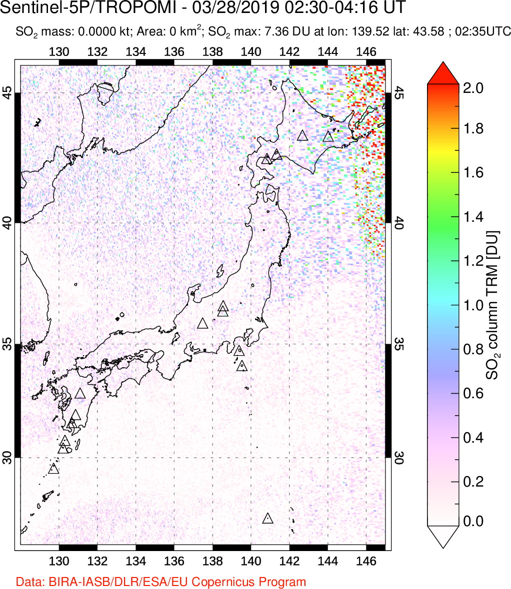 A sulfur dioxide image over Japan on Mar 28, 2019.