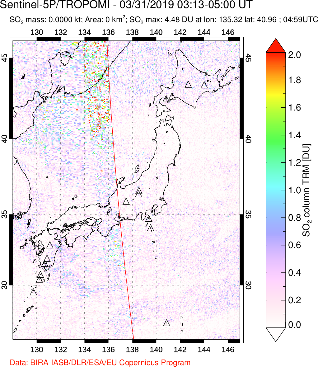 A sulfur dioxide image over Japan on Mar 31, 2019.