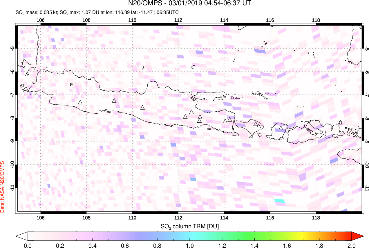 A sulfur dioxide image over Java, Indonesia on Mar 01, 2019.