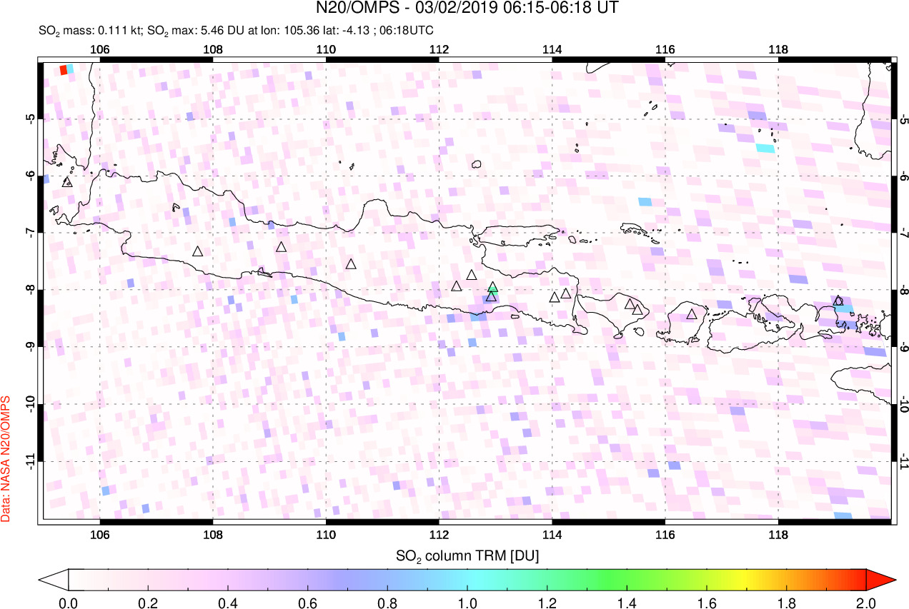 A sulfur dioxide image over Java, Indonesia on Mar 02, 2019.