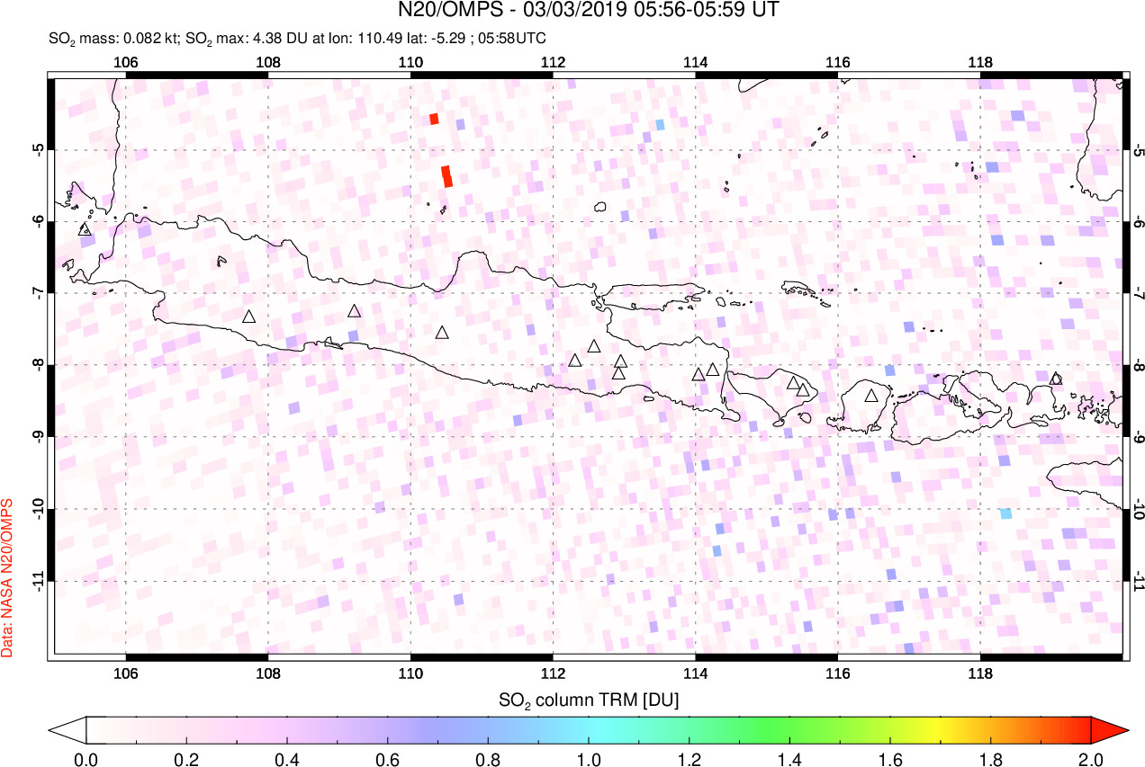 A sulfur dioxide image over Java, Indonesia on Mar 03, 2019.