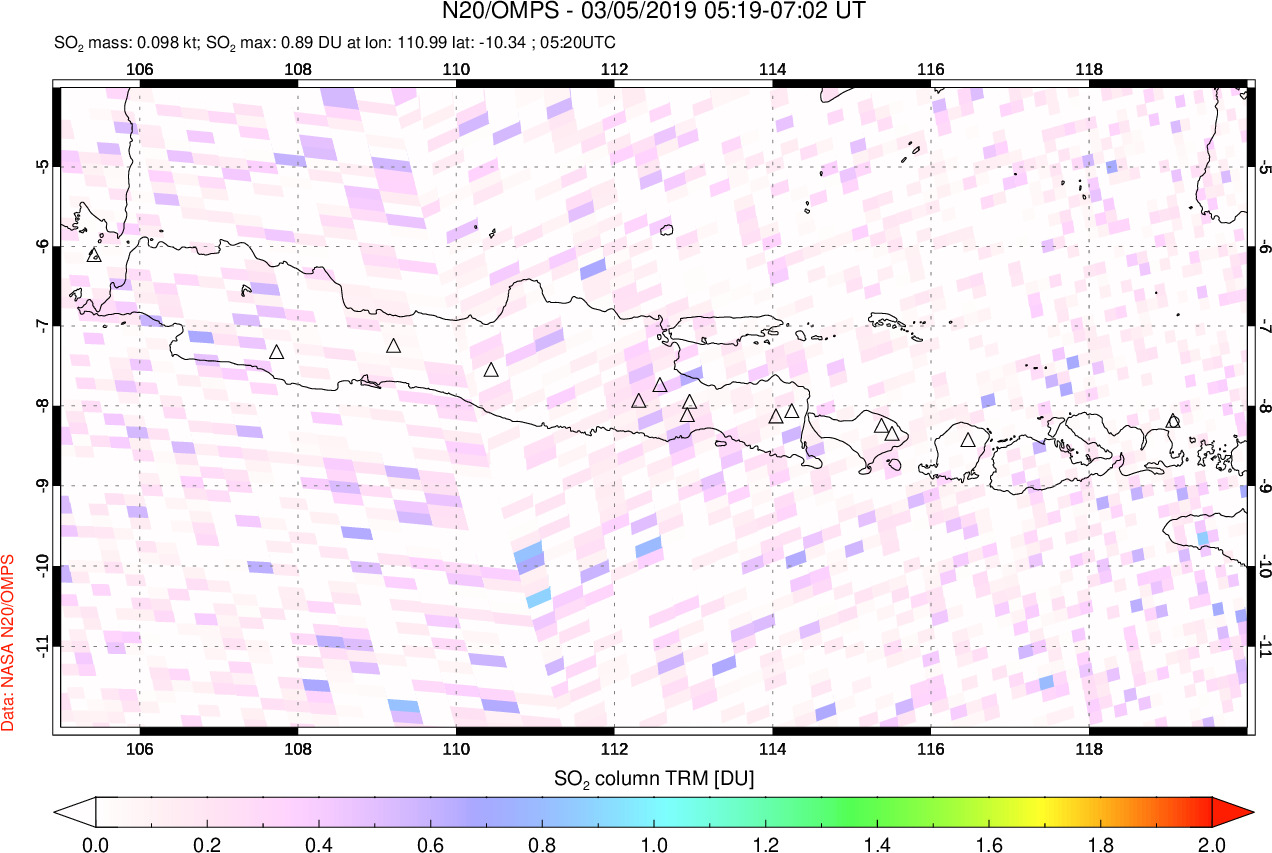 A sulfur dioxide image over Java, Indonesia on Mar 05, 2019.