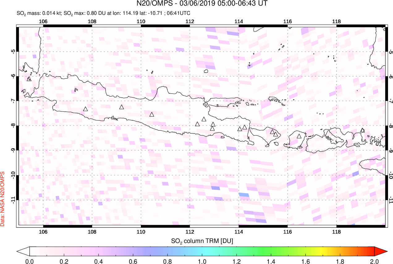 A sulfur dioxide image over Java, Indonesia on Mar 06, 2019.