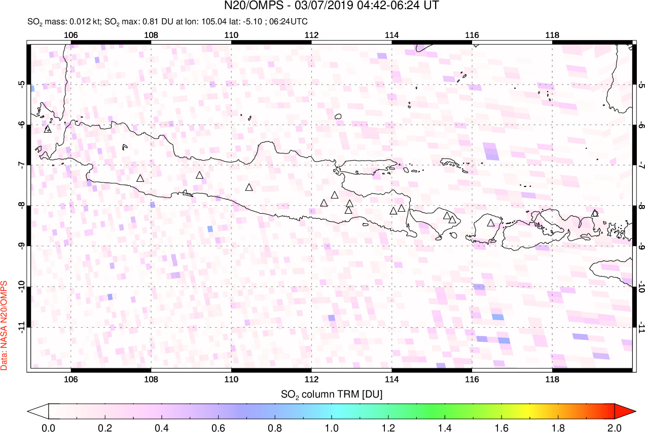 A sulfur dioxide image over Java, Indonesia on Mar 07, 2019.