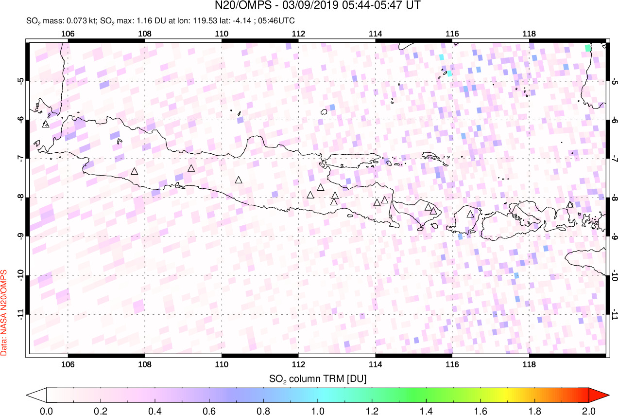 A sulfur dioxide image over Java, Indonesia on Mar 09, 2019.