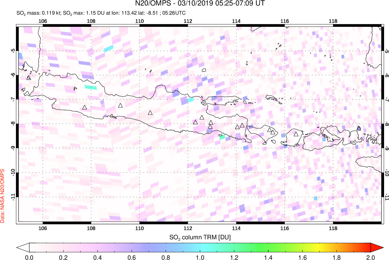 A sulfur dioxide image over Java, Indonesia on Mar 10, 2019.