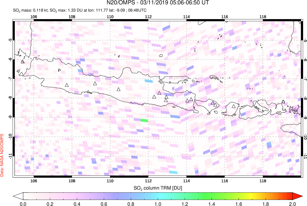 A sulfur dioxide image over Java, Indonesia on Mar 11, 2019.
