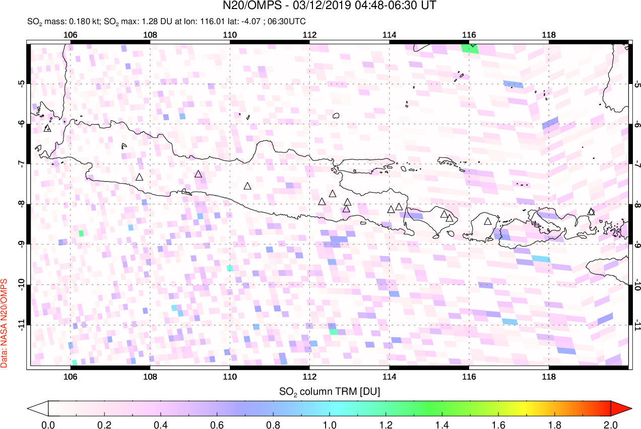 A sulfur dioxide image over Java, Indonesia on Mar 12, 2019.
