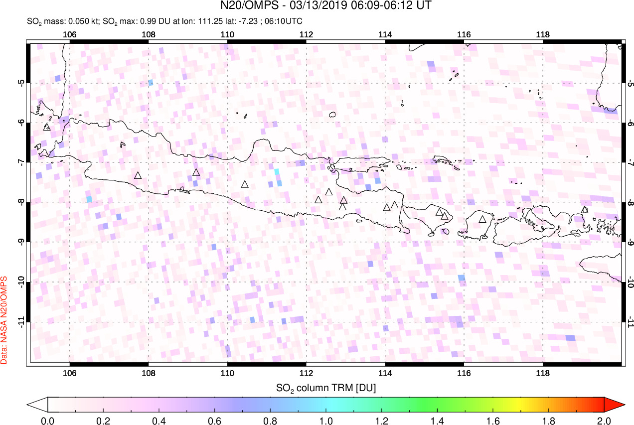 A sulfur dioxide image over Java, Indonesia on Mar 13, 2019.
