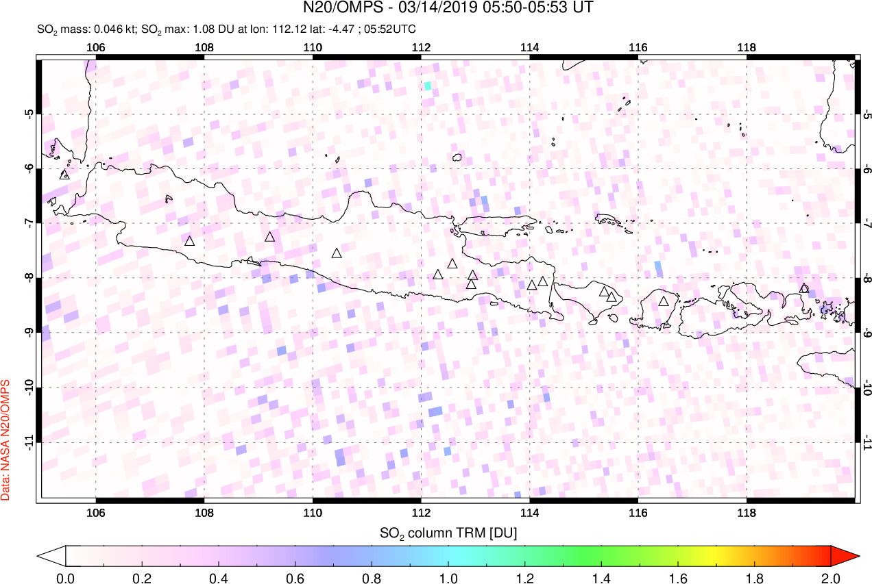A sulfur dioxide image over Java, Indonesia on Mar 14, 2019.