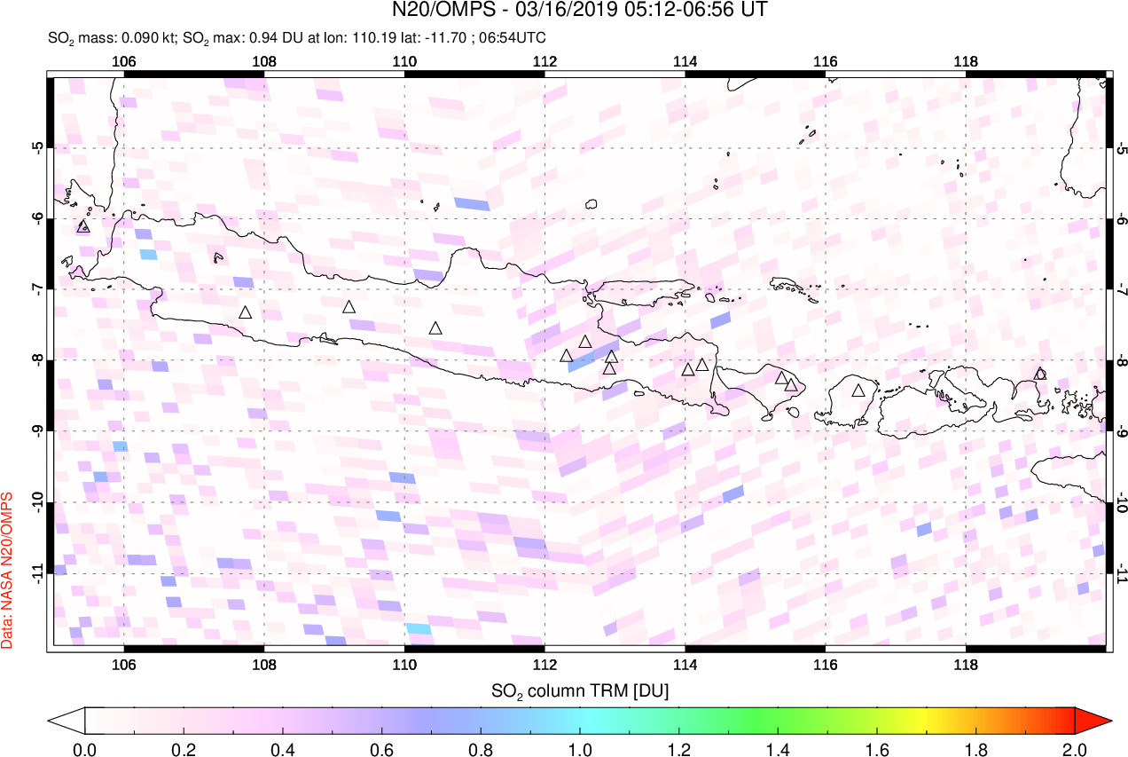 A sulfur dioxide image over Java, Indonesia on Mar 16, 2019.