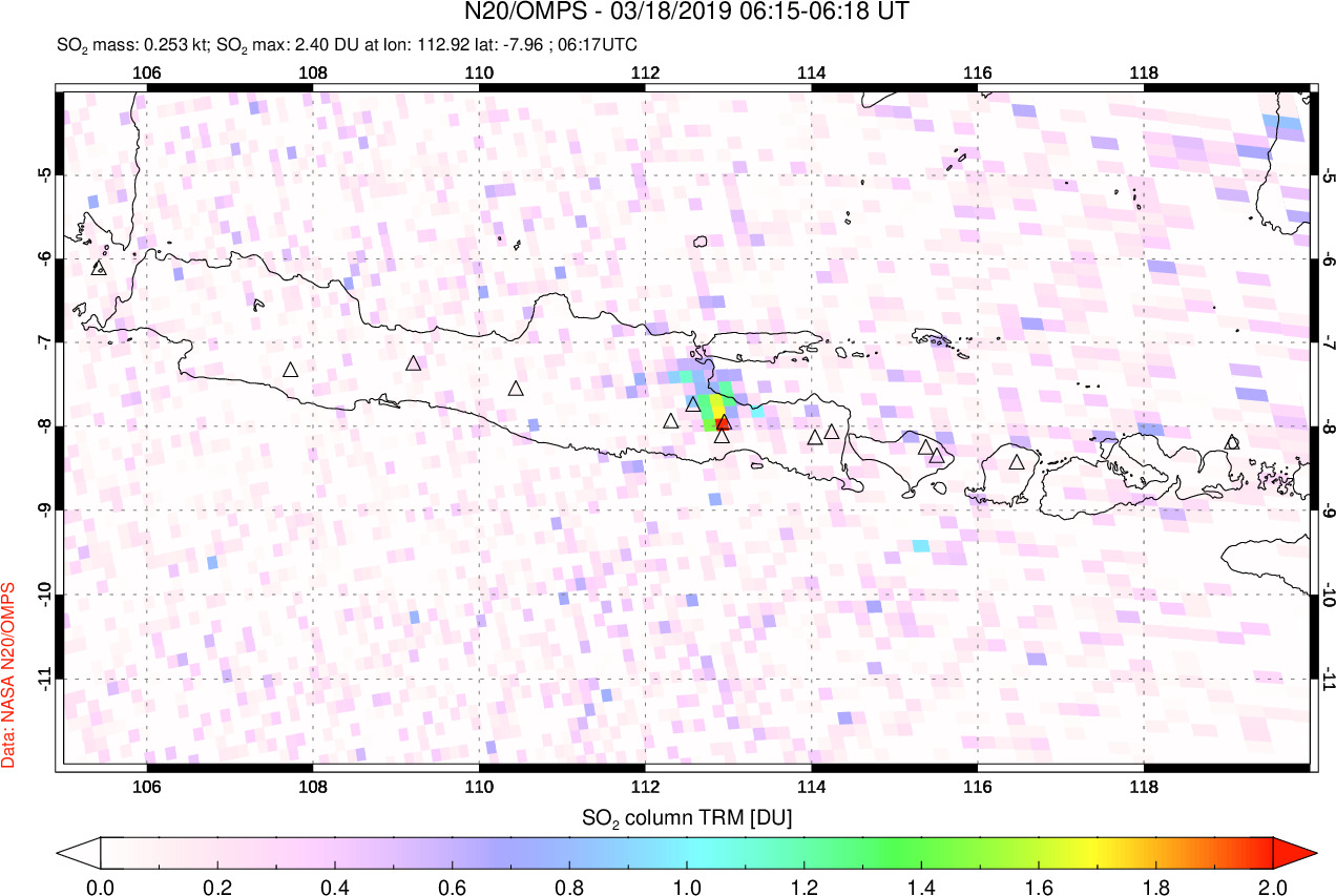 A sulfur dioxide image over Java, Indonesia on Mar 18, 2019.