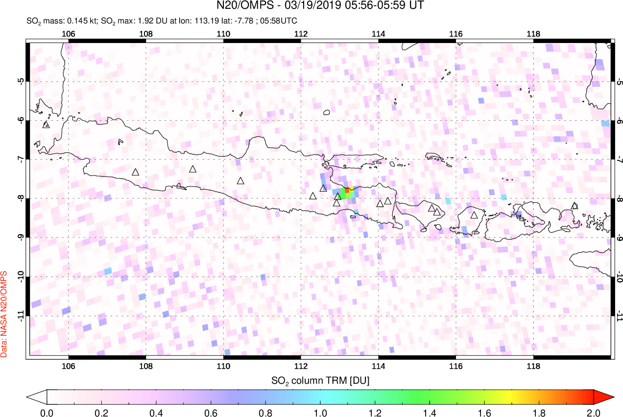 A sulfur dioxide image over Java, Indonesia on Mar 19, 2019.